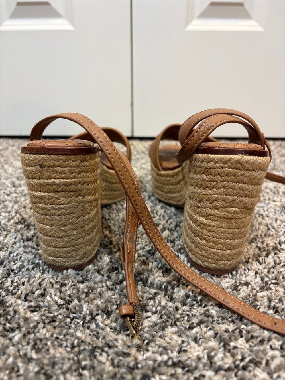 Tory Burch Cognac Leather Espadrille Wedge Sandals - Picture 3 of 6